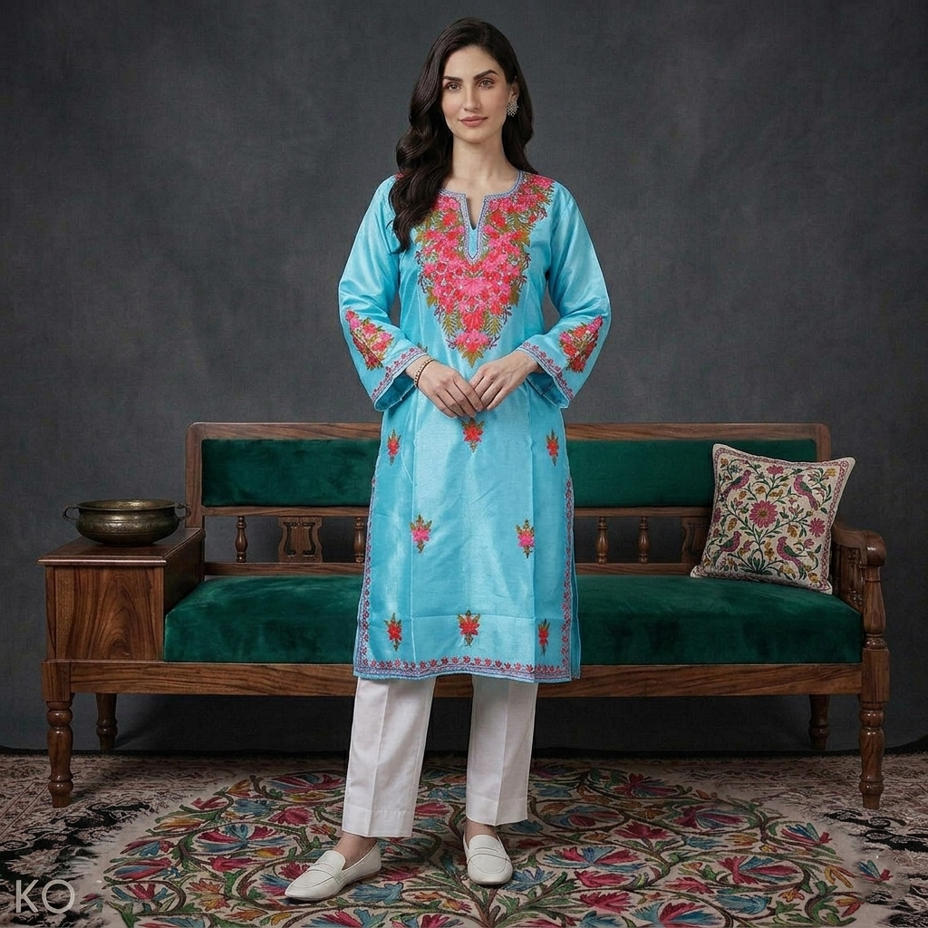Turquoise Silk Kurti with Bootidaar Kashmiri Aari Embroidery | Festive & Casual Wear | Kashmir Origin