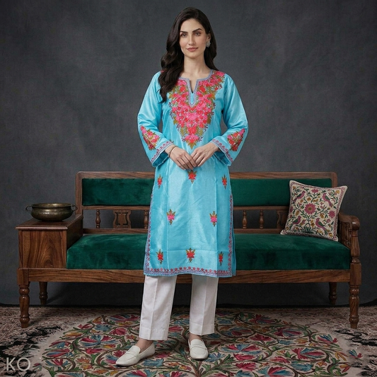 Turquoise Silk Kurti with Bootidaar Kashmiri Aari Embroidery | Festive & Casual Wear | Kashmir Origin