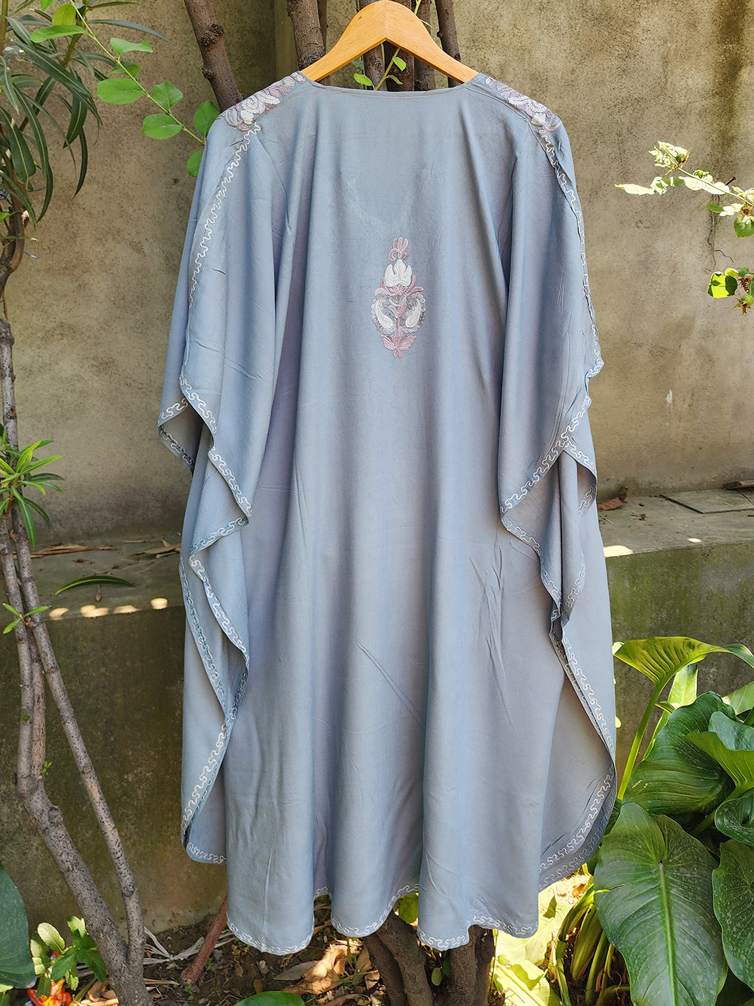 Grey Paisley Aari Embroidered Kashmiri Rayon Cotton Kaftan