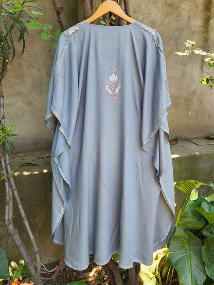 Grey Paisley Aari Embroidered Kashmiri Rayon Cotton Kaftan