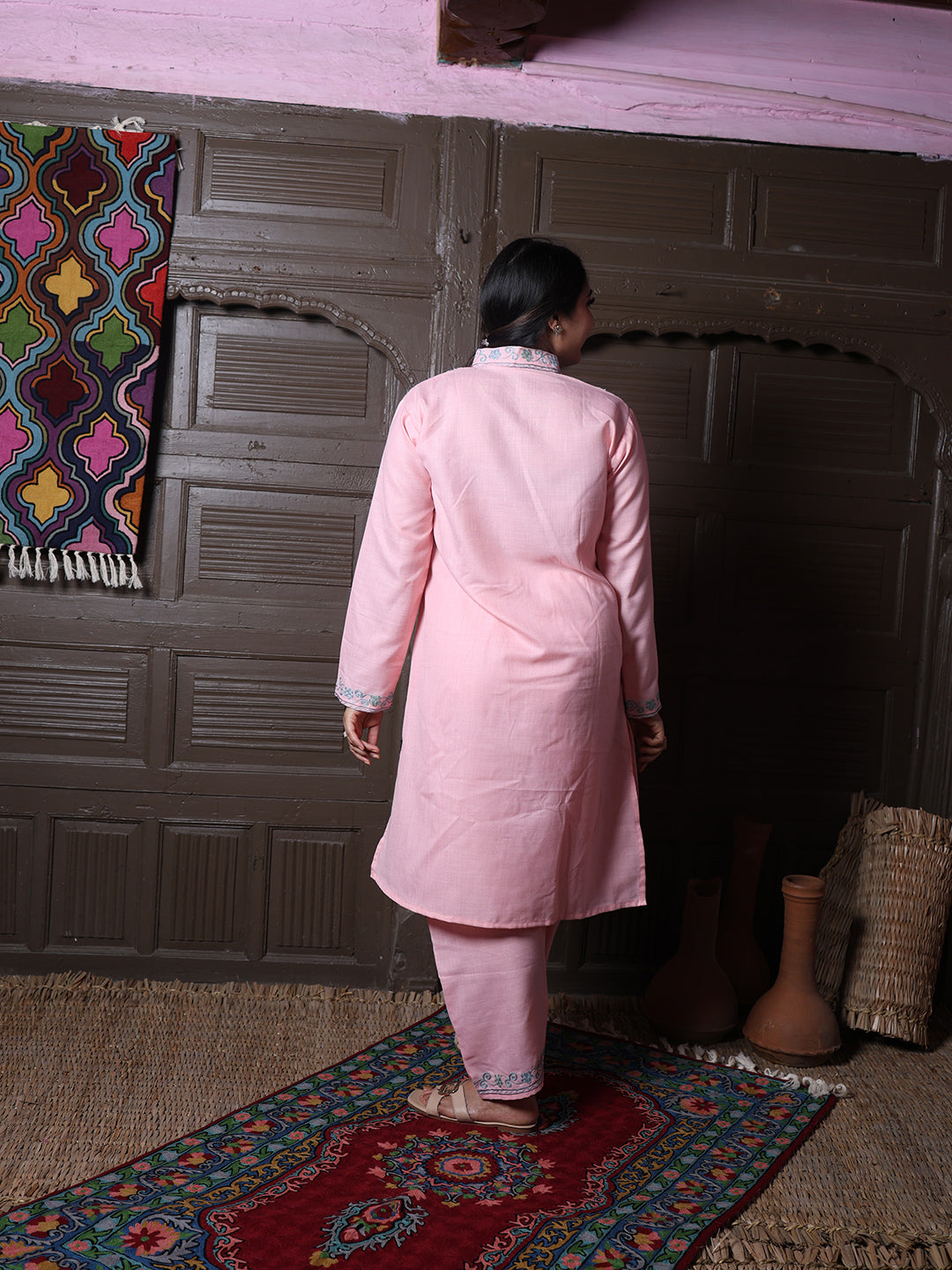 Mandarin collar Pink Aari Embroidered Kashmiri Front Cut Co-Ord Set