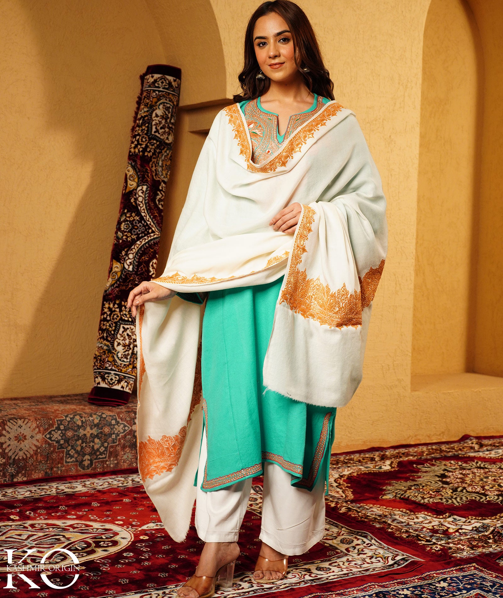 Cream Tilla Embroidered Woolen Shawl