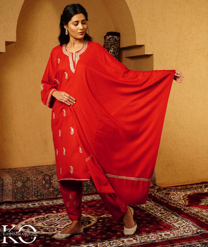 Rose Red Paisley Pattern Tilla Embroidered Woolen Suit With Shawl
