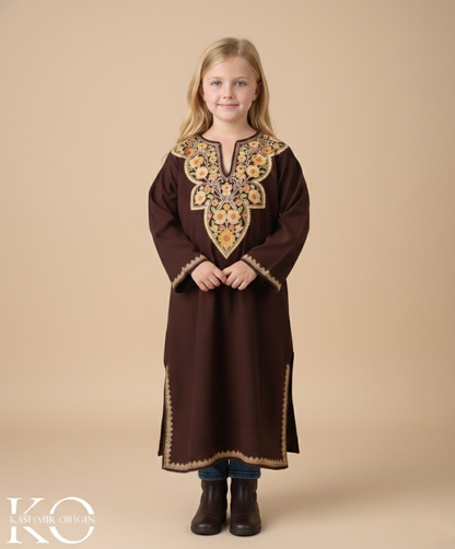 Brown Aari Embroidered Woolen Kids Pheran | Girls Pheran | Kids Wear