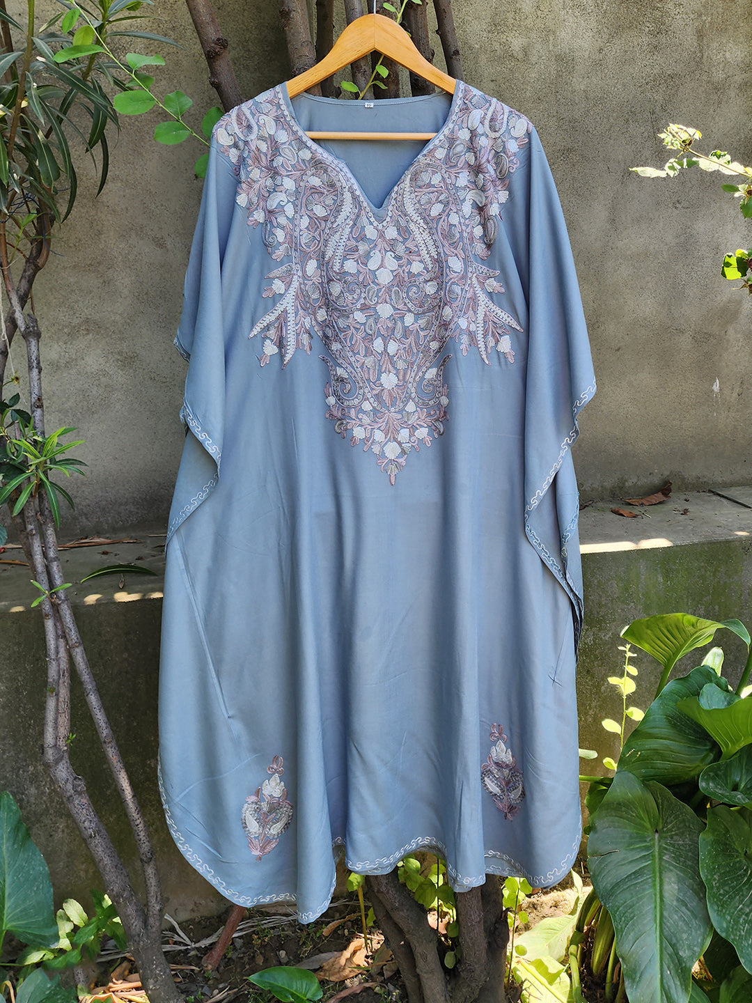 Grey Paisley Aari Embroidered Kashmiri Rayon Cotton Kaftan