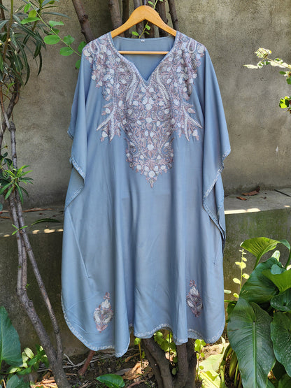 Grey Paisley Aari Embroidered Kashmiri Rayon Cotton Kaftan