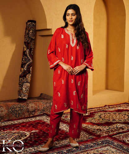 Rose Red Paisley Pattern Tilla Embroidered Woolen Suit With Shawl