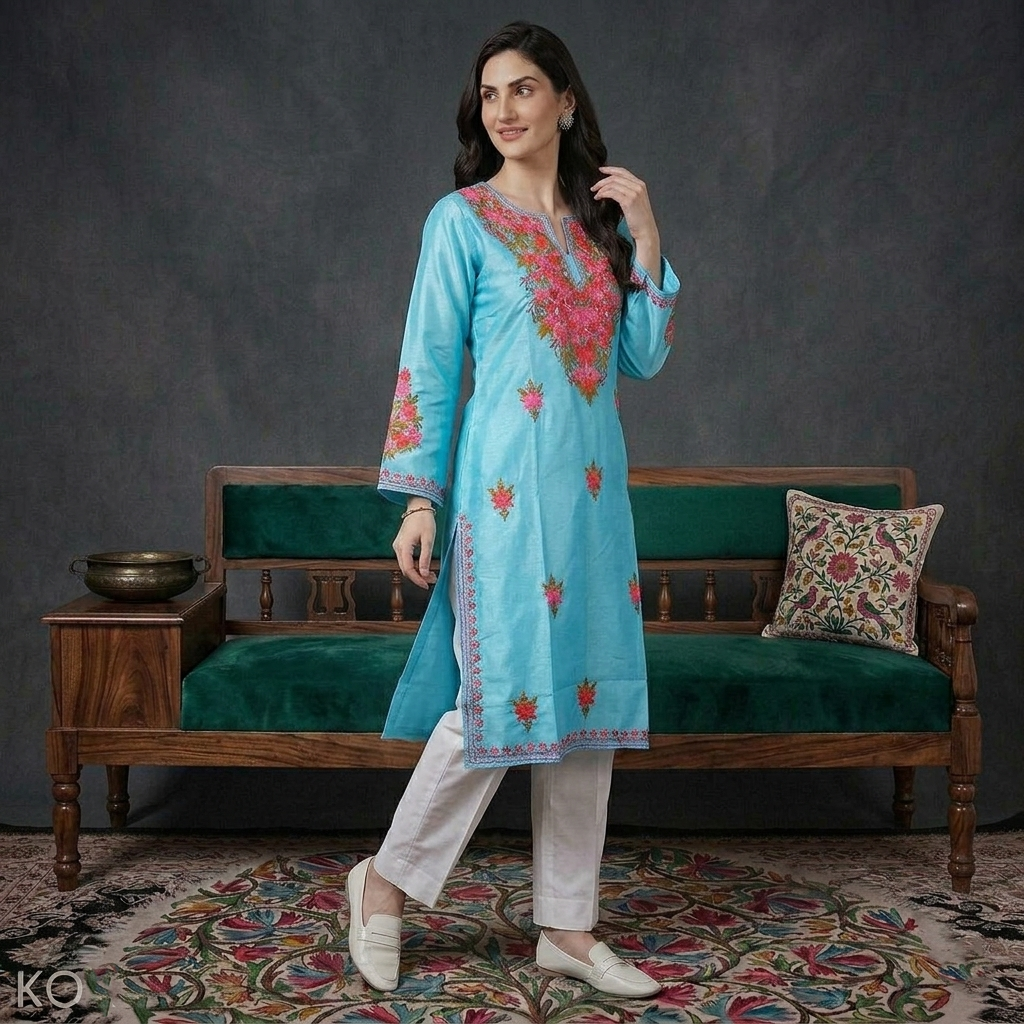 Turquoise Silk Kurti with Bootidaar Kashmiri Aari Embroidery | Festive & Casual Wear | Kashmir Origin