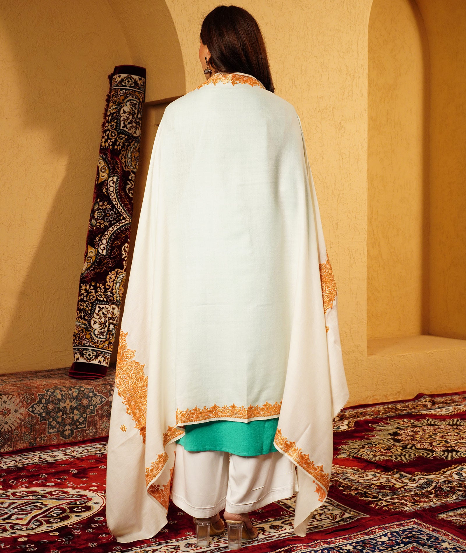 Cream Tilla Embroidered Woolen Shawl