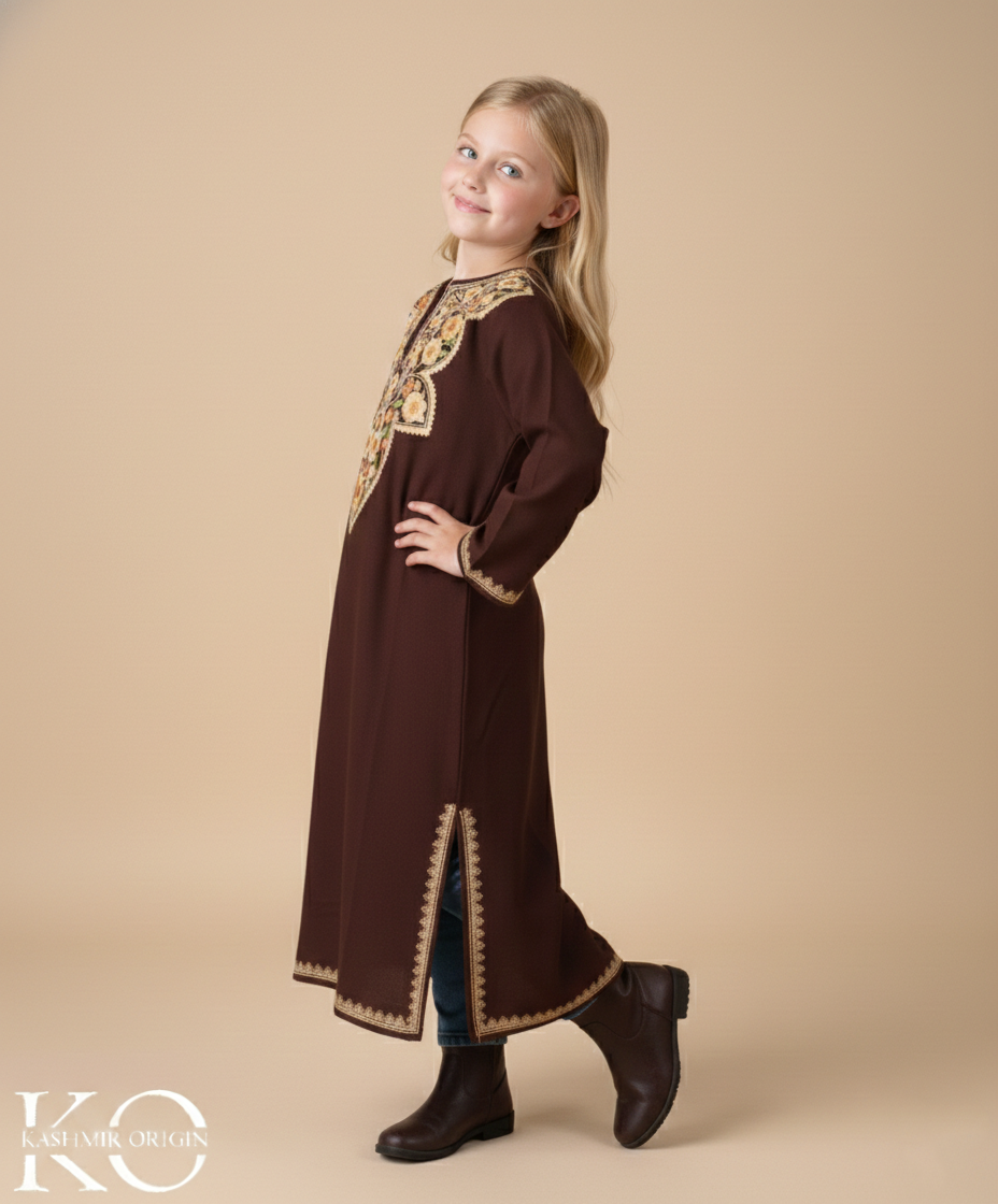 Brown Aari Embroidered Woolen Kids Pheran | Girls Pheran | Kids Wear