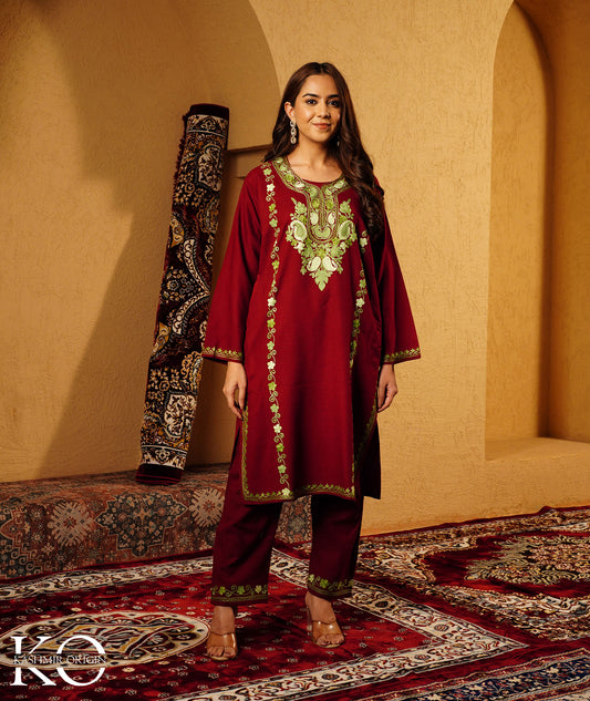 Aesthetic Maroon Aari Embroidered Woolen Co-ord Set
