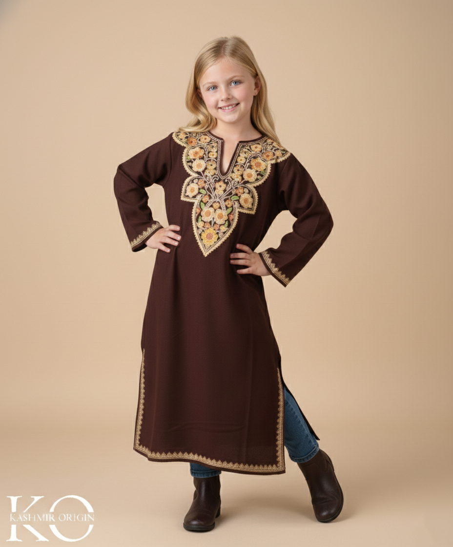 Brown Aari Embroidered Woolen Kids Pheran | Girls Pheran | Kids Wear