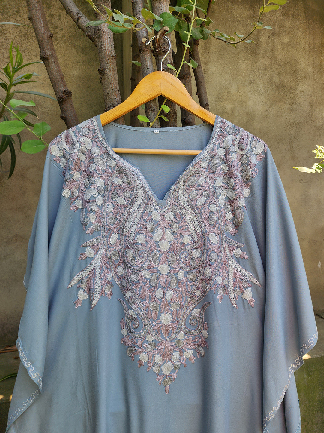 Grey Paisley Aari Embroidered Kashmiri Rayon Cotton Kaftan