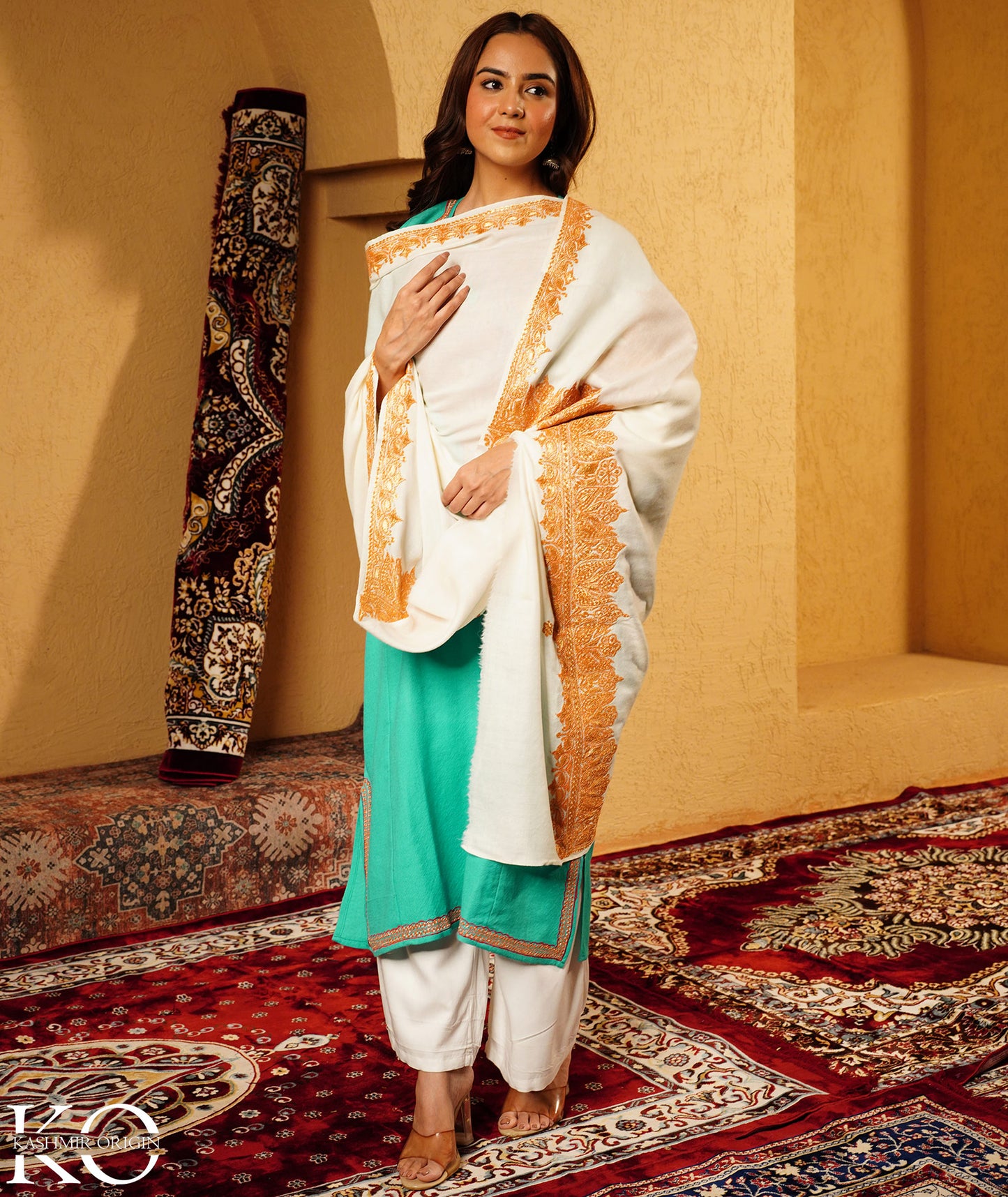 Cream Tilla Embroidered Woolen Shawl