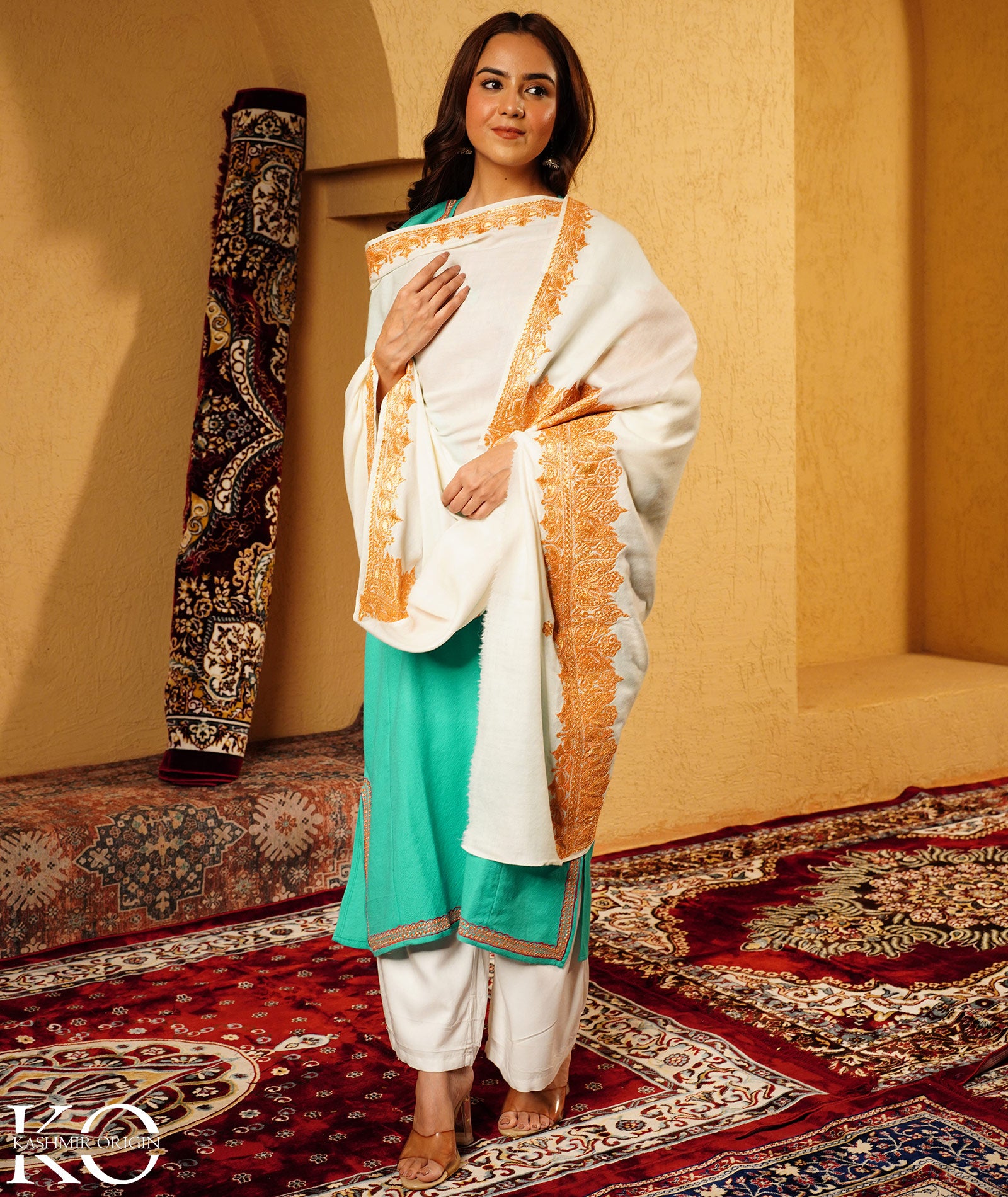 Cream Tilla Embroidered Woolen Shawl
