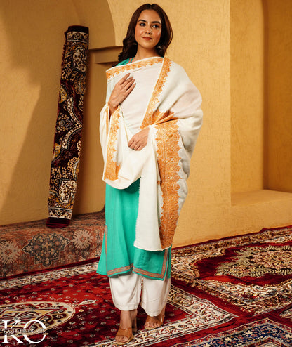 Cream Tilla Embroidered Woolen Shawl