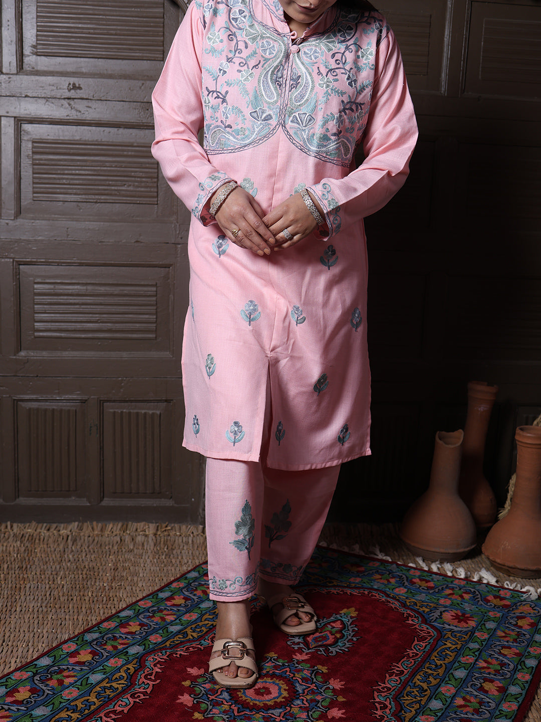 Mandarin collar Pink Aari Embroidered Kashmiri Front Cut Co-Ord Set