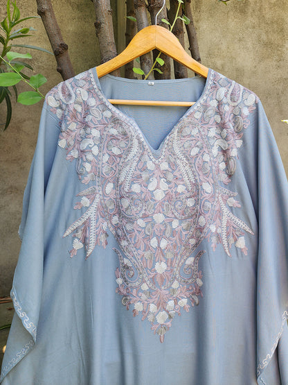 Grey Paisley Aari Embroidered Kashmiri Rayon Cotton Kaftan