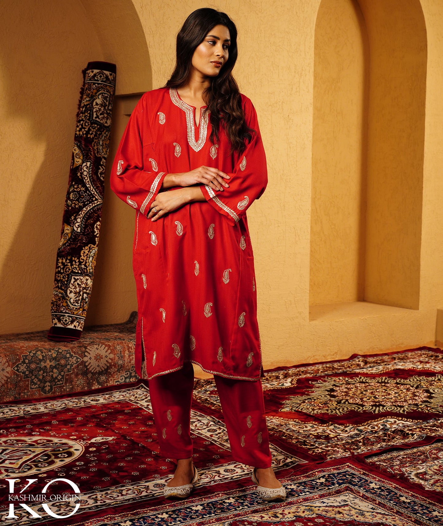Rose Red Paisley Pattern Tilla Embroidered Woolen Suit With Shawl