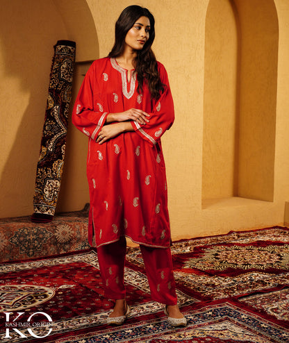 Rose Red Paisley Pattern Tilla Embroidered Woolen Suit With Shawl