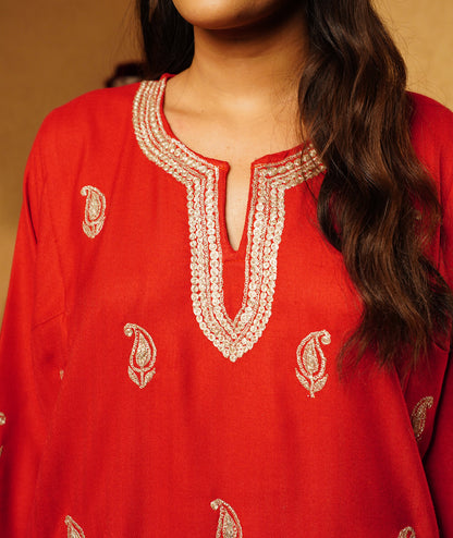 Rose Red Paisley Pattern Tilla Embroidered Woolen Suit With Shawl