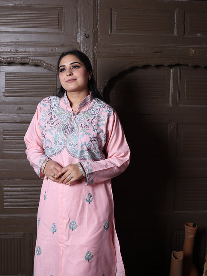Mandarin collar Pink Aari Embroidered Kashmiri Front Cut Co-Ord Set