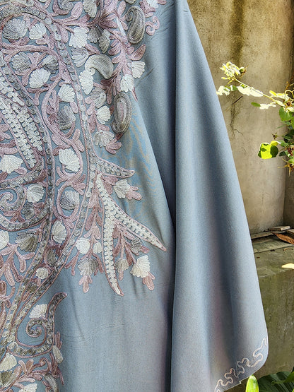 Grey Paisley Aari Embroidered Kashmiri Rayon Cotton Kaftan