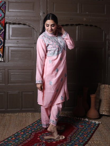 Mandarin collar Pink Aari Embroidered Kashmiri Front Cut Co-Ord Set