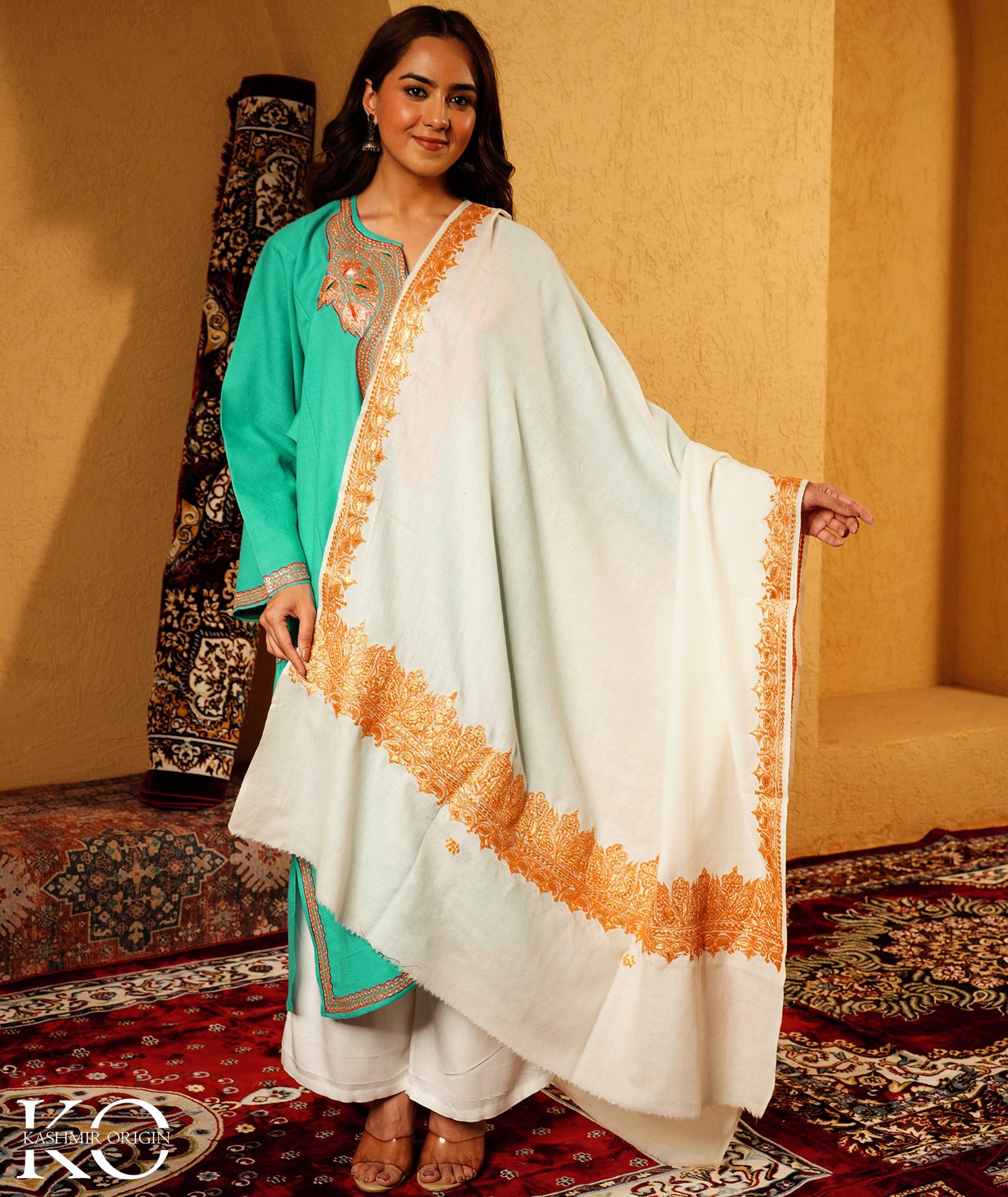 Cream Tilla Embroidered Woolen Shawl
