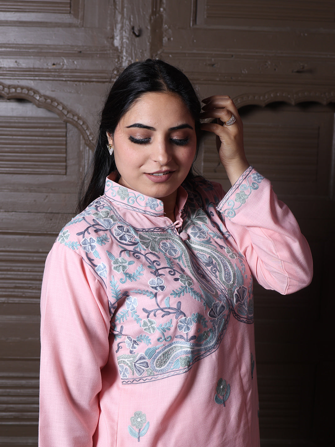 Mandarin collar Pink Aari Embroidered Kashmiri Front Cut Co-Ord Set
