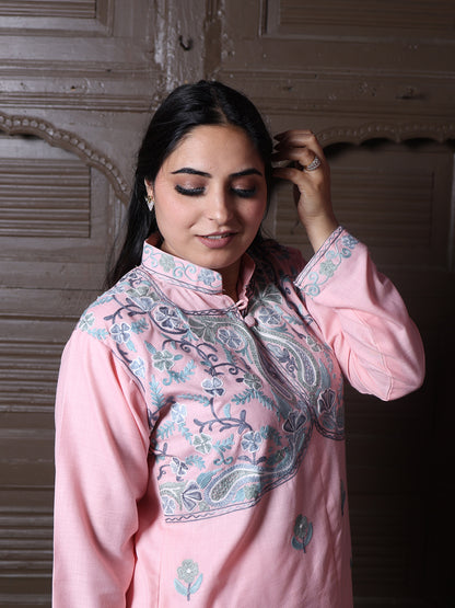Mandarin collar Pink Aari Embroidered Kashmiri Front Cut Co-Ord Set
