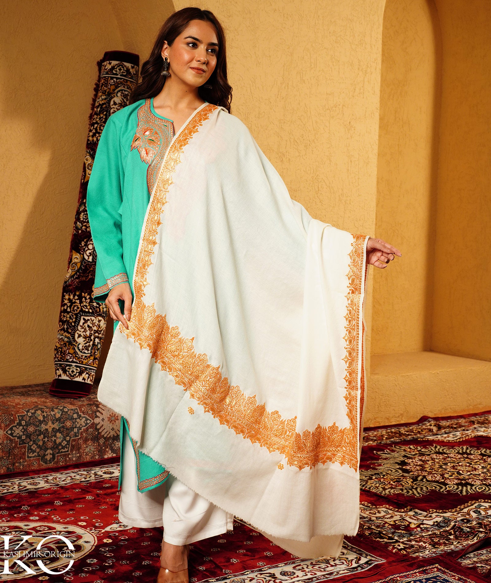 Cream Tilla Embroidered Woolen Shawl