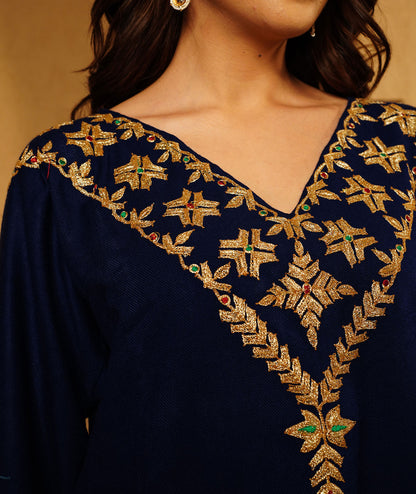 Navy Blue Bote Tilla Embroidered Kashmiri Woolen Pheran