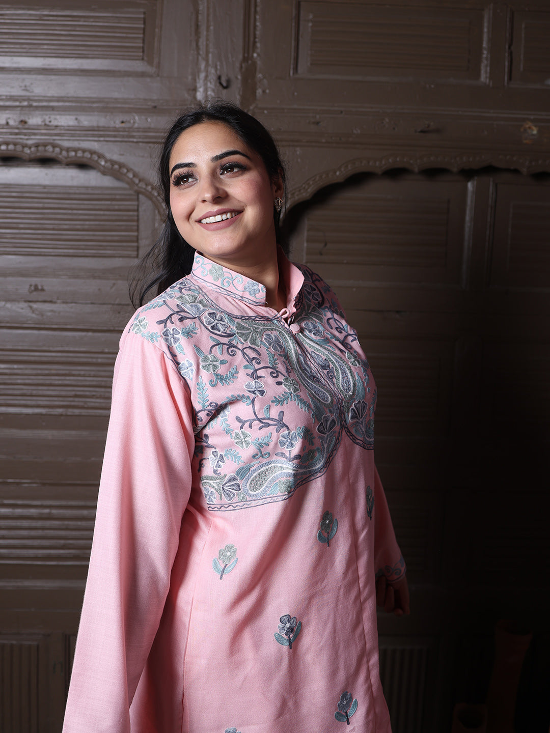 Mandarin collar Pink Aari Embroidered Kashmiri Front Cut Co-Ord Set