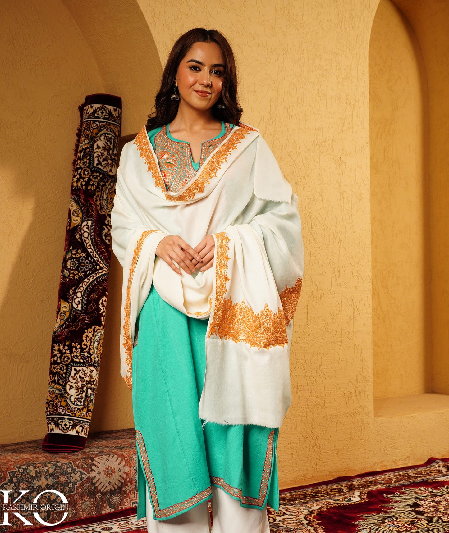 Cream Tilla Embroidered Woolen Shawl