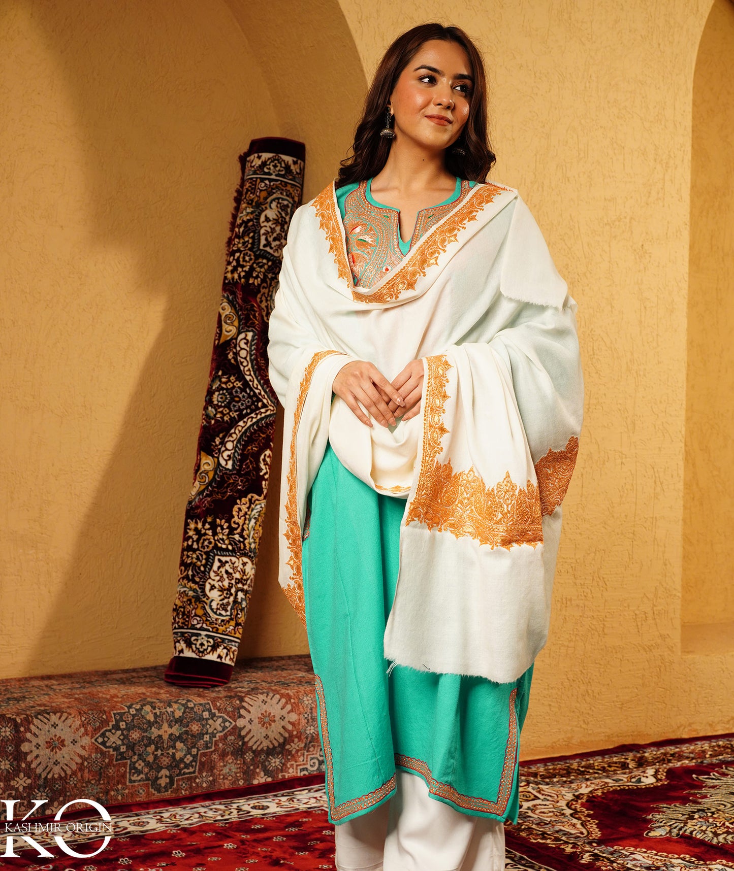 Cream Tilla Embroidered Woolen Shawl