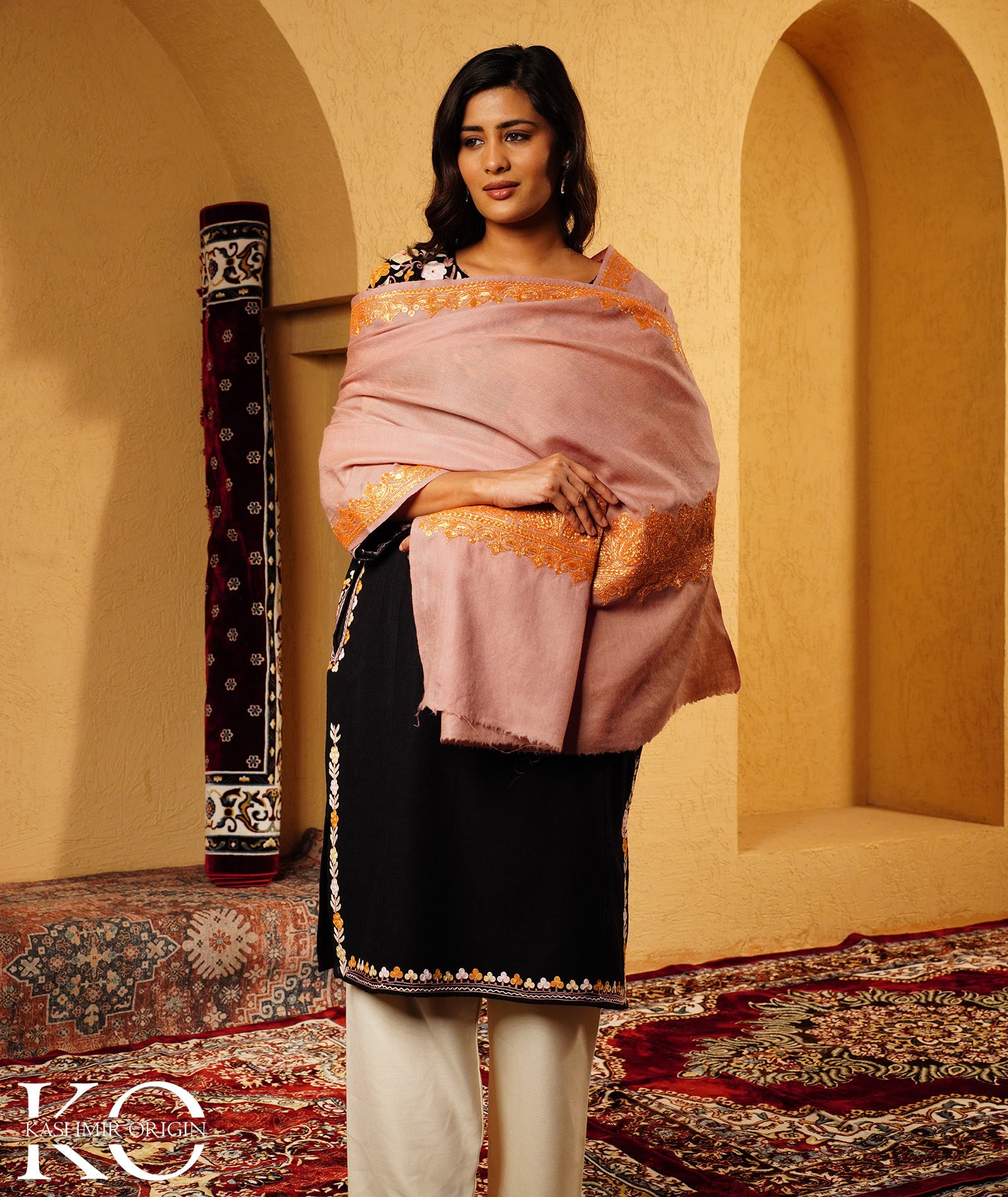 Tan Tilla Embroidered Woolen Shawl