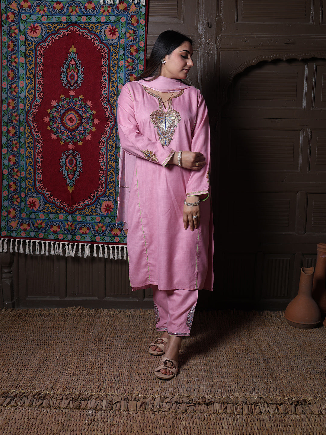 Light Pink Tilla Embroidered Kashmiri 3-Piece Suit | With Chiffon Dupatta