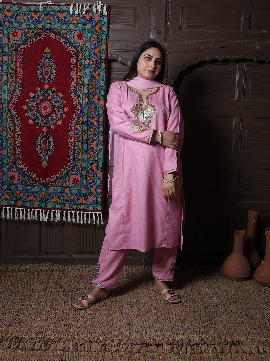 Light Pink Tilla Embroidered Kashmiri 3-Piece Suit | With Chiffon Dupatta