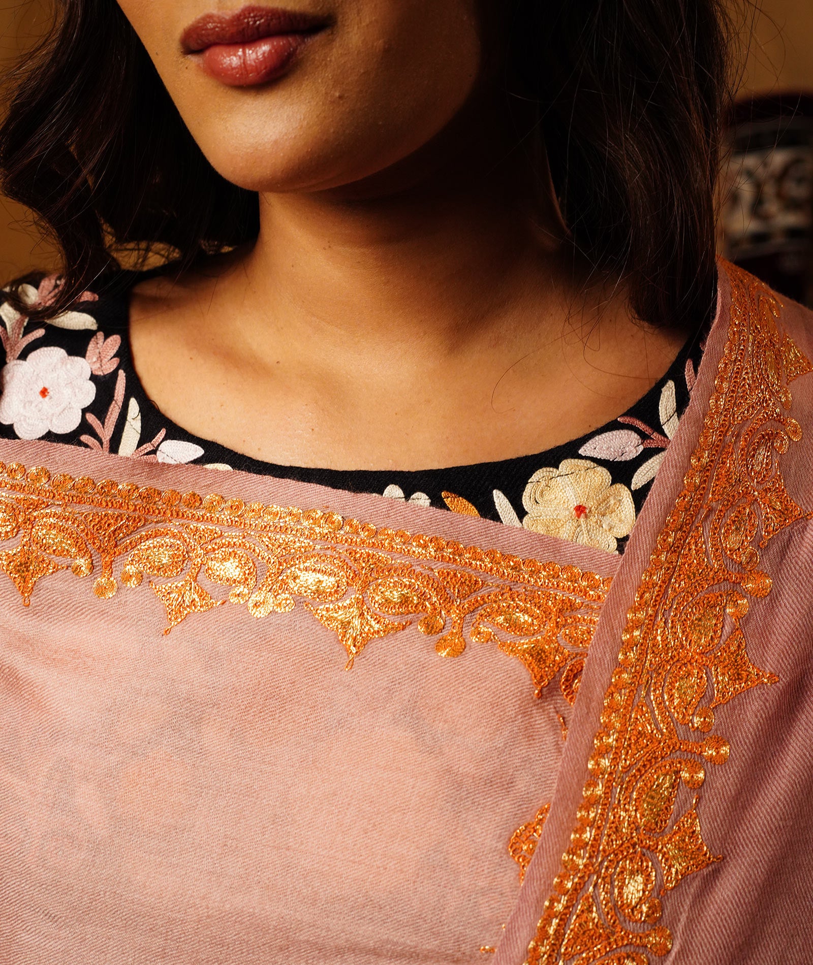 Tan Tilla Embroidered Woolen Shawl