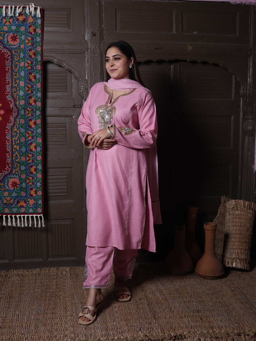Light Pink Tilla Embroidered Kashmiri 3-Piece Suit | With Chiffon Dupatta