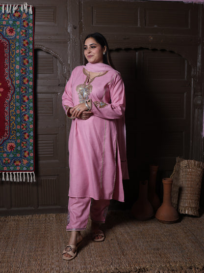 Light Pink Tilla Embroidered Kashmiri 3-Piece Suit | With Chiffon Dupatta