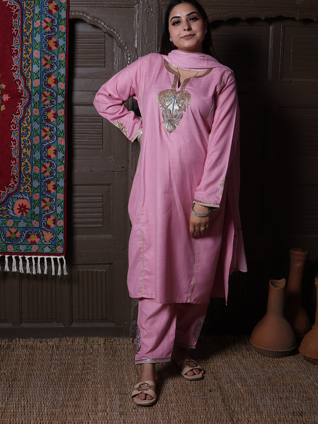 Light Pink Tilla Embroidered Kashmiri 3-Piece Suit | With Chiffon Dupatta