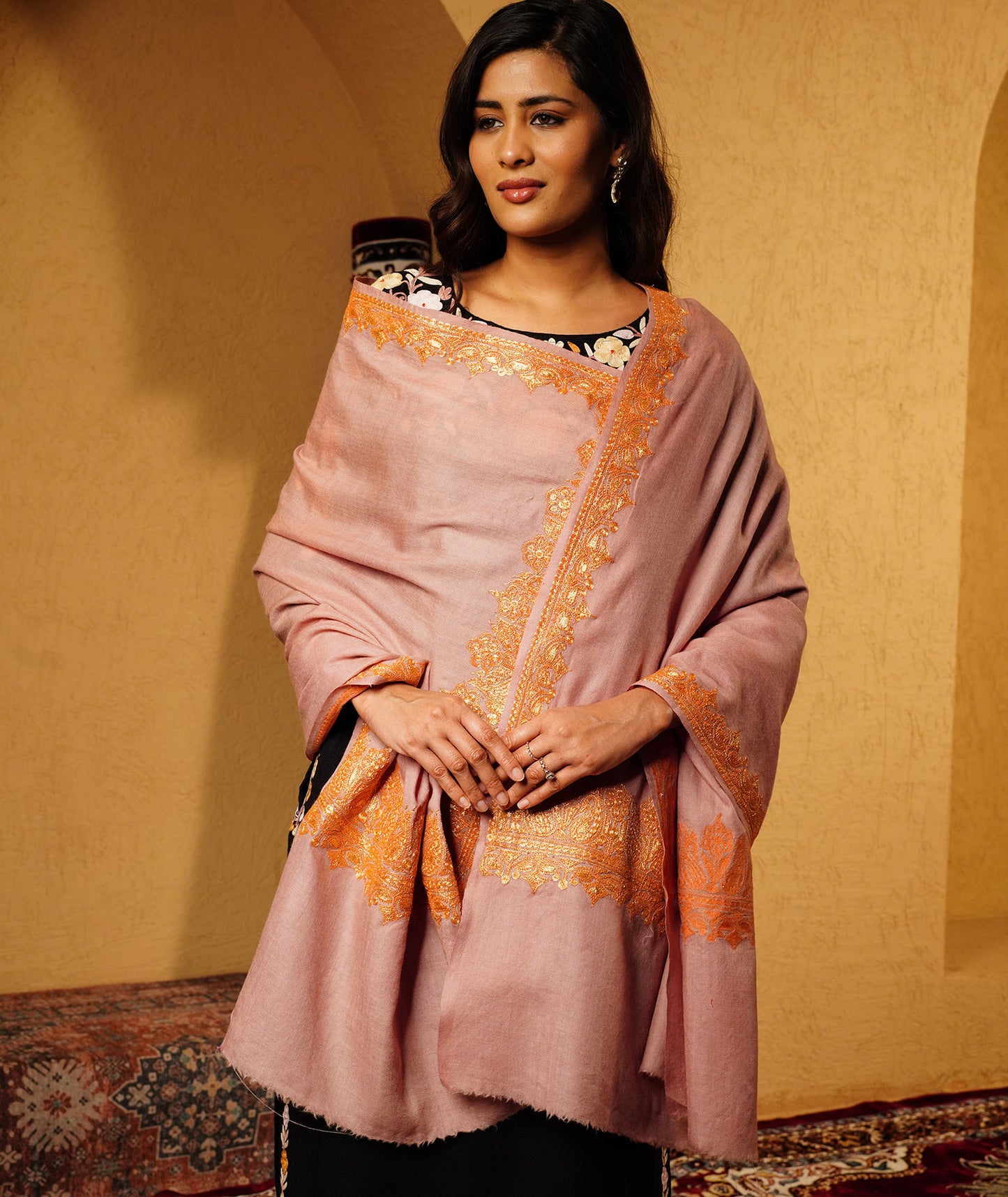Tan Tilla Embroidered Woolen Shawl