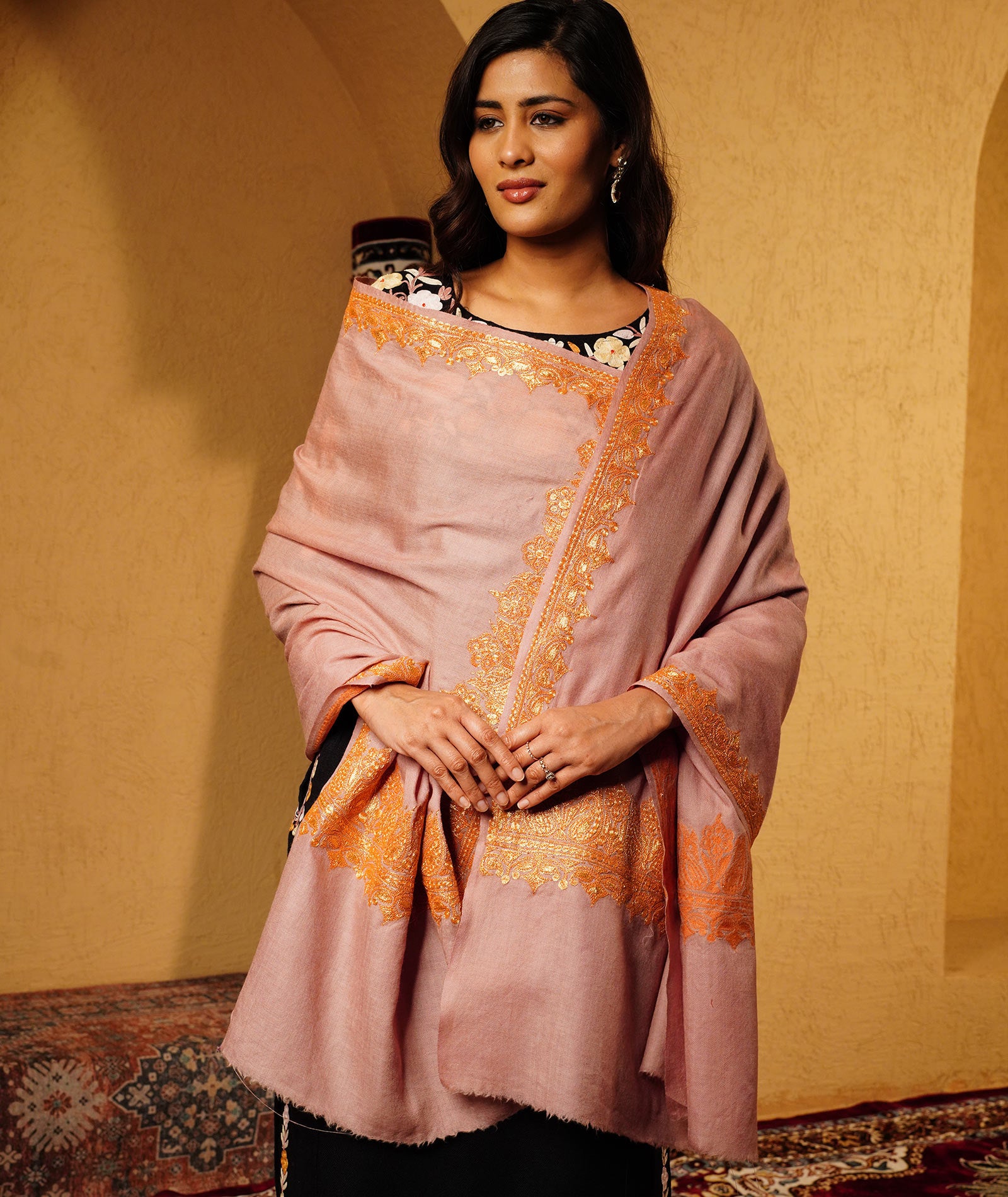 Tan Tilla Embroidered Woolen Shawl