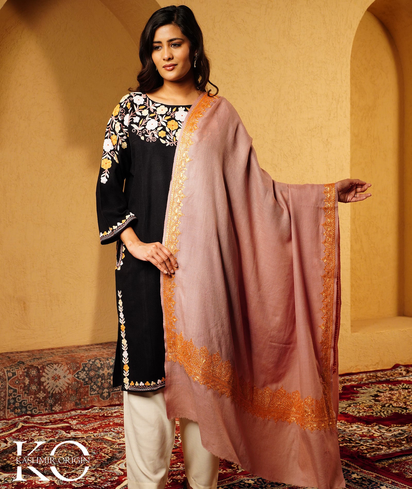 Tan Tilla Embroidered Woolen Shawl