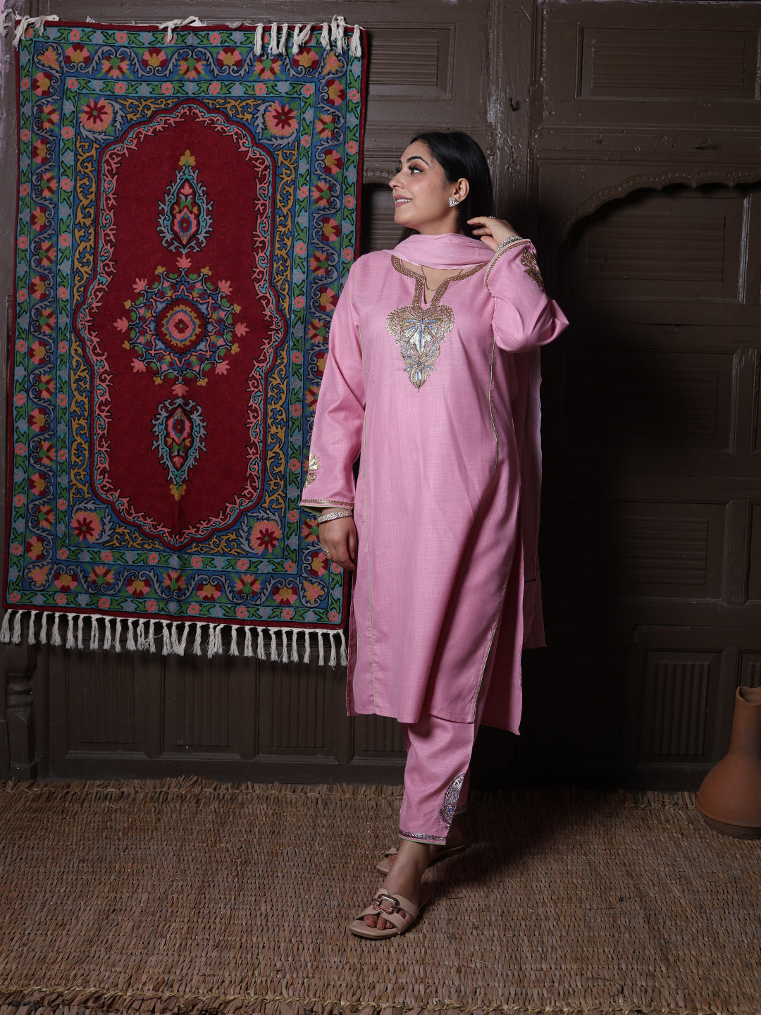 Light Pink Tilla Embroidered Kashmiri 3-Piece Suit | With Chiffon Dupatta