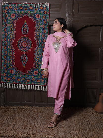 Light Pink Tilla Embroidered Kashmiri 3-Piece Suit | With Chiffon Dupatta