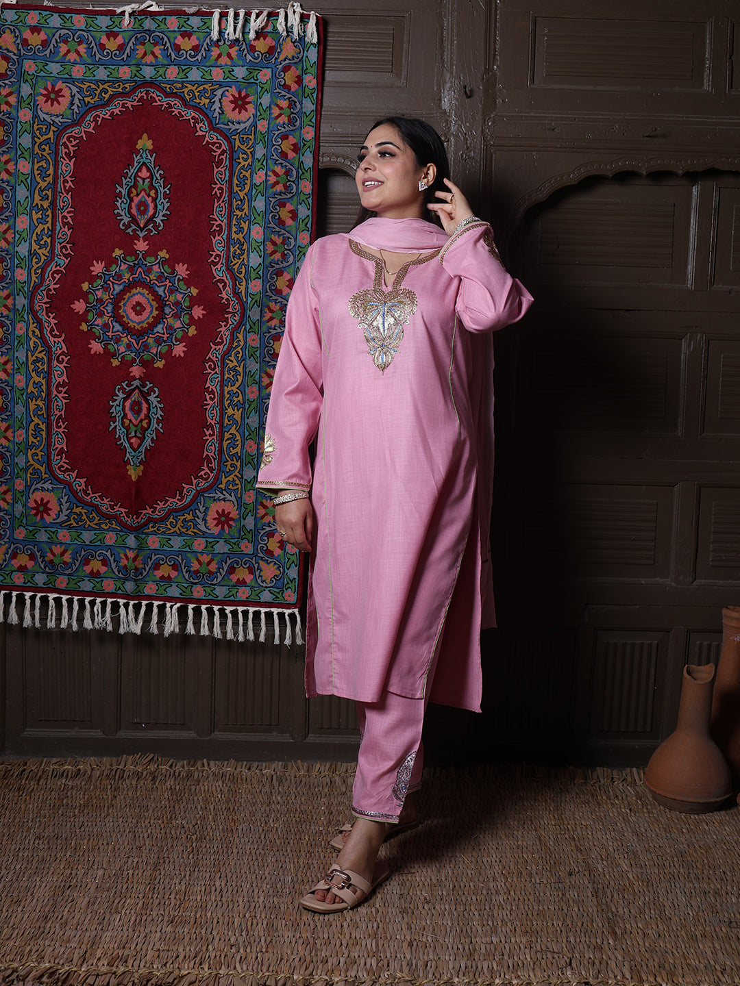 Light Pink Tilla Embroidered Kashmiri 3-Piece Suit | With Chiffon Dupatta