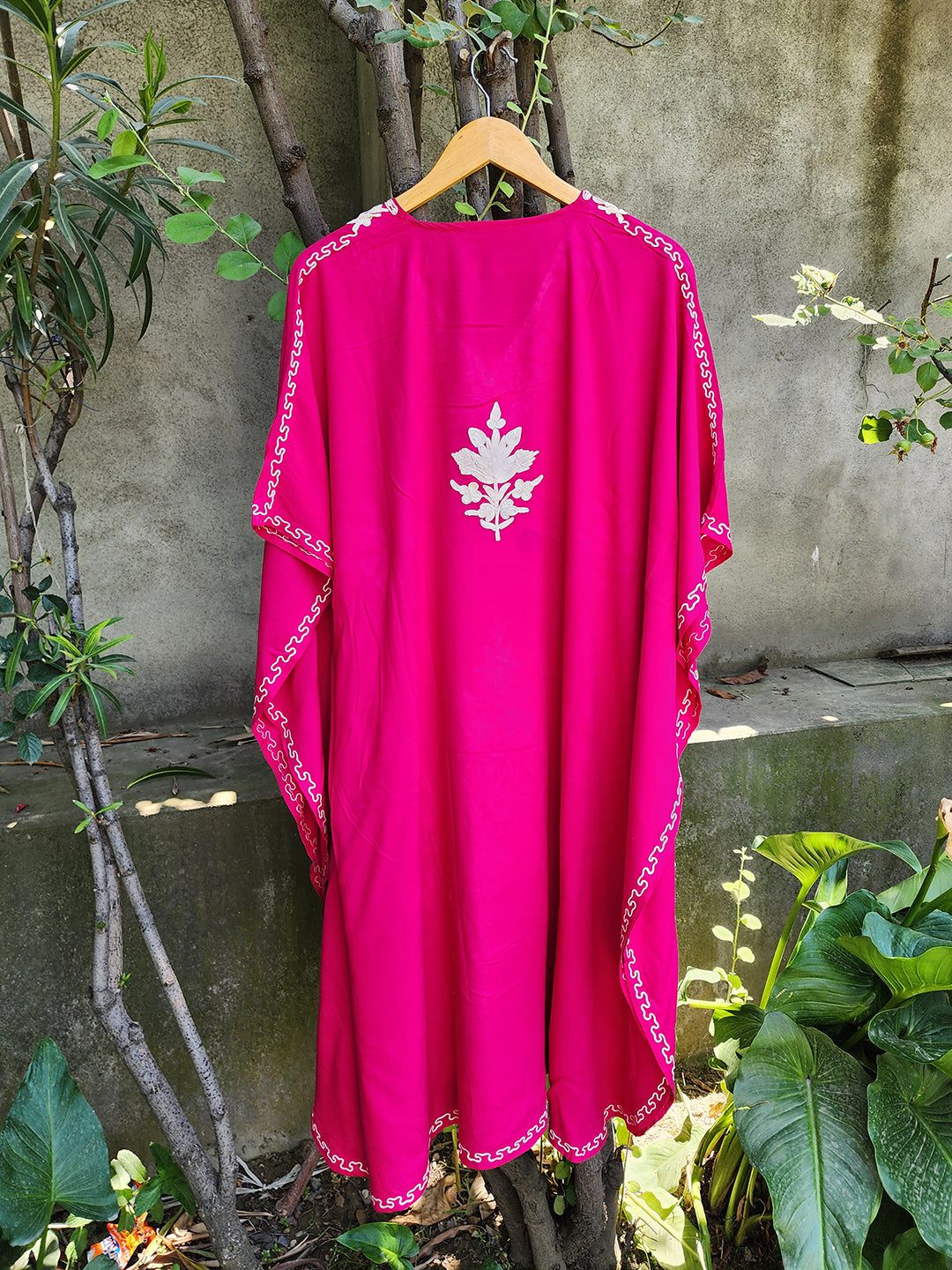 Magenta & White Floral Rayon Cotton Aari Embroidered Kaftan